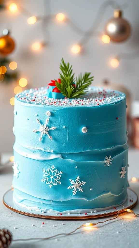 Blue Christmas Cake Recipe A two-layer blue Christmas cake with buttercream frosting and festive decorations, set in a holiday-themed background.
